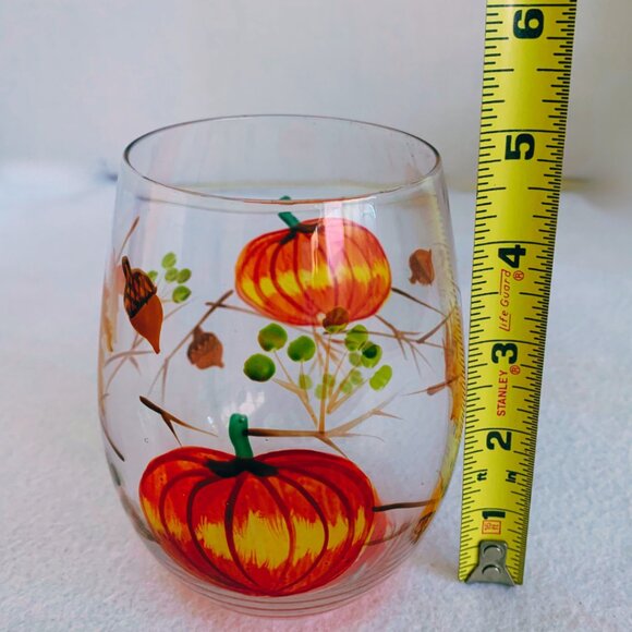 Orange Pumpkins with Leaves Stemless Wine Glasses | Harvest | Fall Thanksgiving - Picture 2 of 6